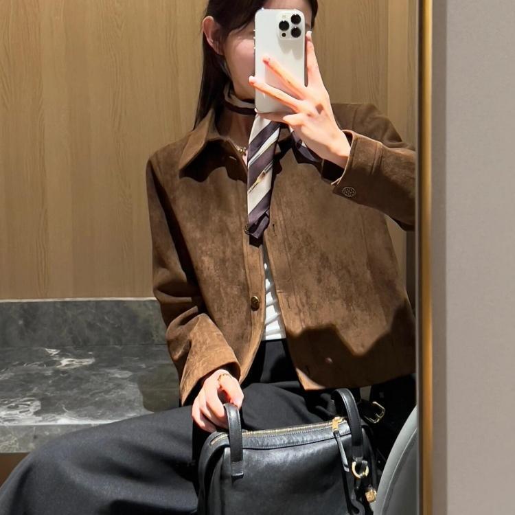美拉德麂皮绒外套女短款2025春秋新款复古宽松小个子薄款夹克上衣|undefined