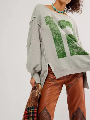 Spring European and American loose long-sleeved drop-shoulder casual printed crew neck open side hoodie