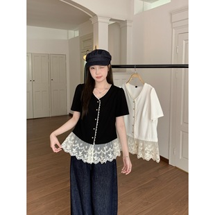 Real shot 2025 summer chubby girl plus size French temperament lace stitching shirt thin small fragrant style top 63980