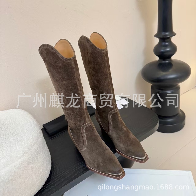 高端2025秋冬磨砂皮方头复古做旧粗跟高跟高筒骑士靴马丁靴长靴女|undefined
