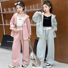 女童春秋套装2025新款中大儿童女孩蕾丝拼接连帽卫衣阔腿裤两件套