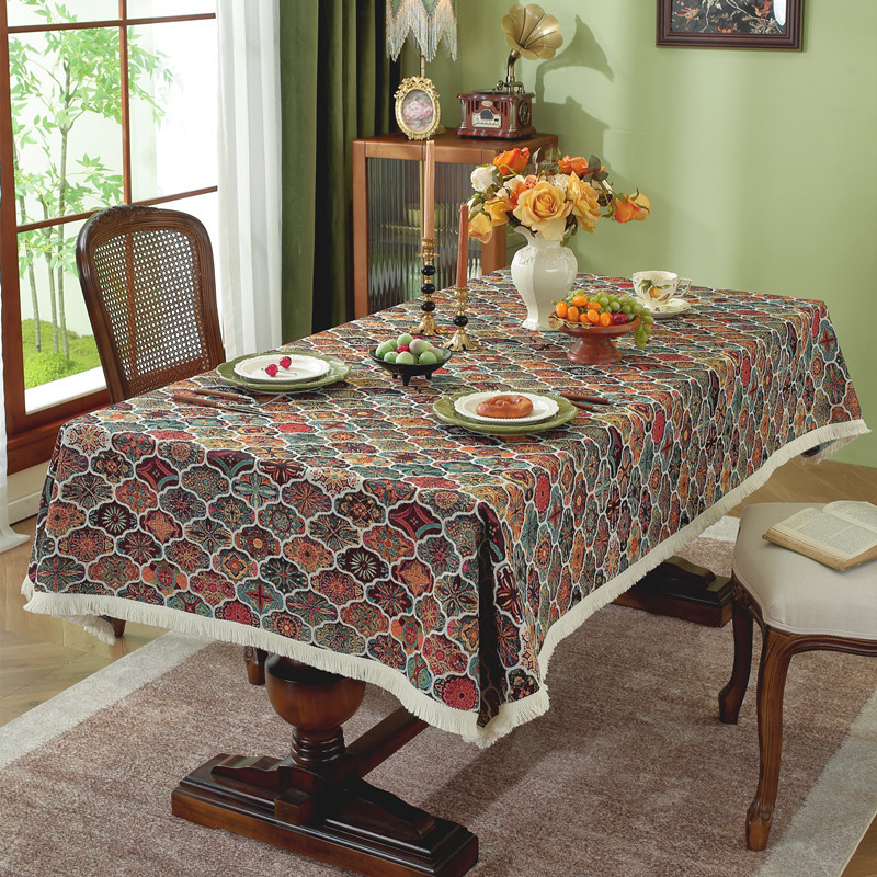 American Retro Polyester Cotton Yarn-Dyed Jacquard Ethnic Style Plant Tassel Tablecloth Rectangular Coffee Table Tablecloth Tablecloth
