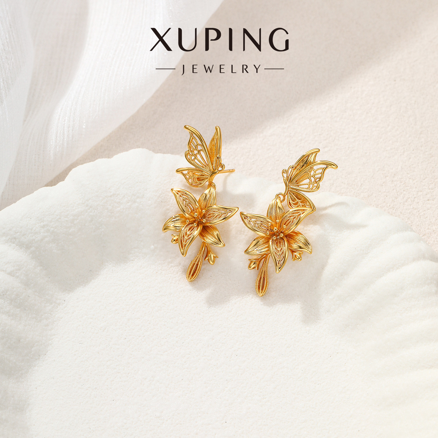 Xuping nuevo estilo chino oro mariposa amor aretes de flores de aleación de cobre chapado 24k lujoso ligero temperamento de la corte orejas para mujeres