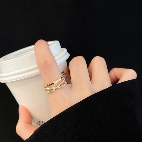 Ins Internet celebrity's same style inlaid with zircon super flash cross ring women's niche simple high-end design open index finger ring
