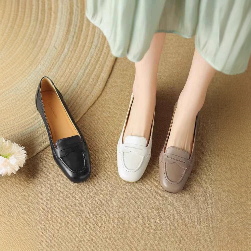 Французские мягкие кожаные туфли с плоским дном Lefu 2025 весна и осень новая квадратная голова, мелкий рот, тонкие мягкие туфли, женские ботинки из бобов zj