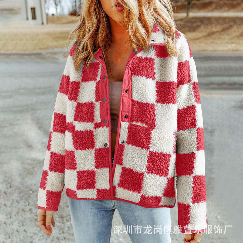 2024 Europe and the United States cross-border Amazon women's winter new plaid lambswool top color contrast stitching long sleeve coat 2024 Europe and the United States cross-border Amazon women's winter new plaid lambswool top color contrast stitching long sleeve coat
