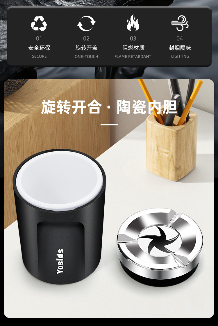 Car-mounted ashtray with rotating ceramic liner, high-end rotating lid, premium car accessory, sealed and anti-spill