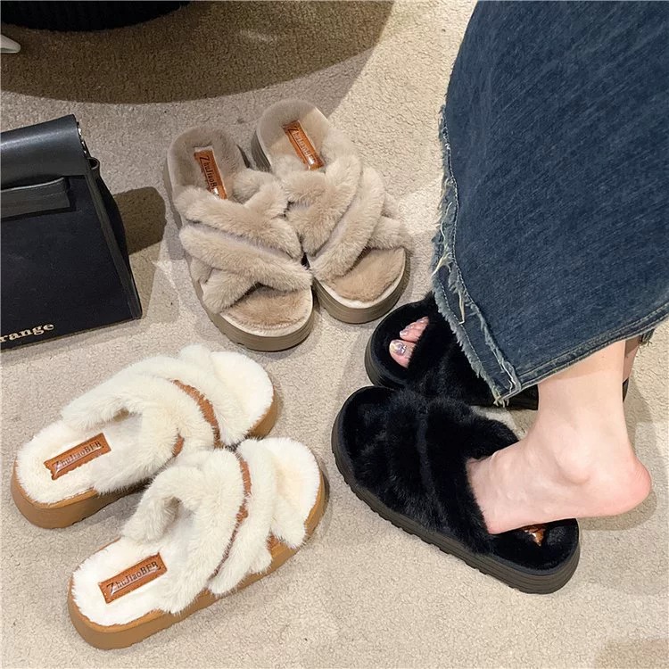 Pelzige Hausschuhe für Damenoberbekleidung im Herbst 2023, Baumwollhausschuhe mit offener Spitze_voghion.com