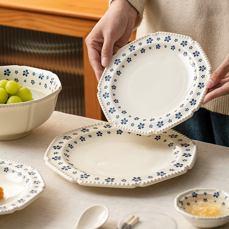 Retro puntos de perlas azules de cerezo cerámica cubiertos pequeños frescos hogares de alto valor de la cara platos de platos de nicho set platos