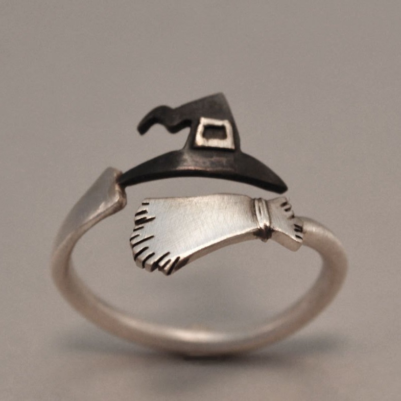 Neues grenzüberschreitendes Produkt: Europäischer und amerikanischer geometrischer Hexenhut-Halloween-Ring für Damen, verstellbar, offen_voghion.com