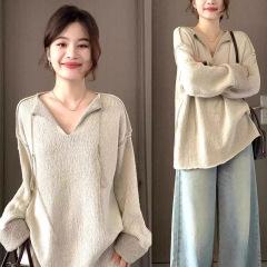 美式复古针织衫女秋季新款宽松慵懒风v领长袖毛衣显瘦设计感上衣
