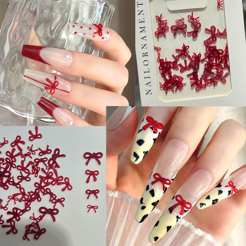 French-Style Wine Red Bow Resin Ribbon Cherry Red Mini Trendy New Nail Decoration