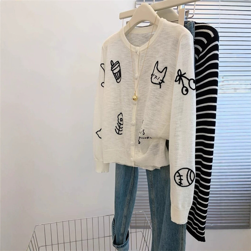 Korean-style high-end cartoon print sun-protective knitted cardigan for women, 2026 new niche thin air-conditioning jacket top Korean-style high-end cartoon print sun-protective knitted cardigan for women, 2026 new niche thin air-conditioning jacket top