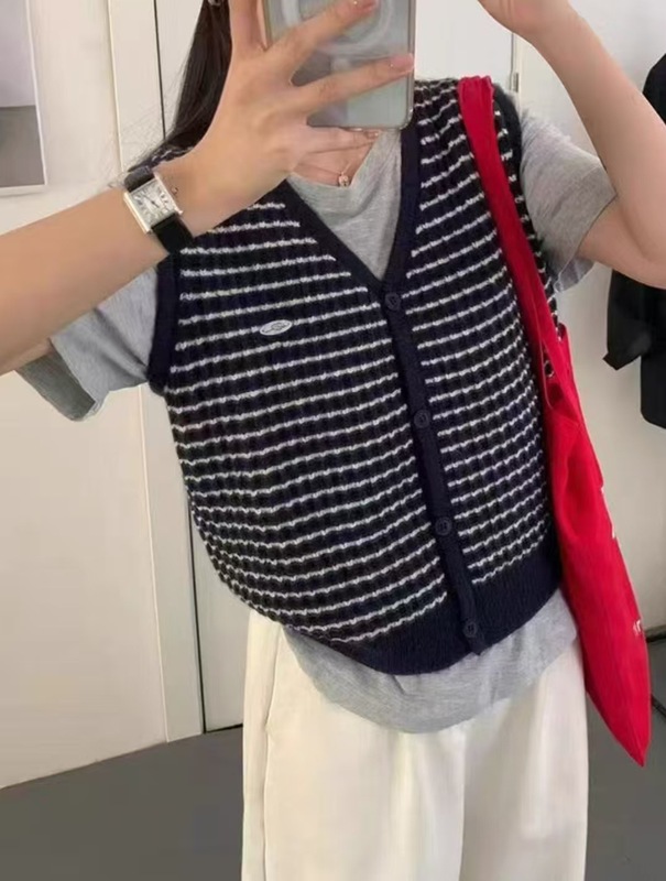 单排扣撞色条纹针织背心马甲复古时髦百搭无袖V领开衫女装上衣|undefined