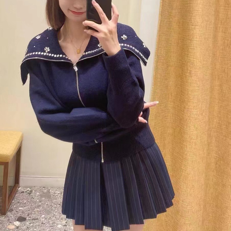 M Brand French Niche Women's Clothing 2024 Autumn and Winter Blue Rhinestone-Embellished Navy Large Lapel Zipper Knit Cardigan