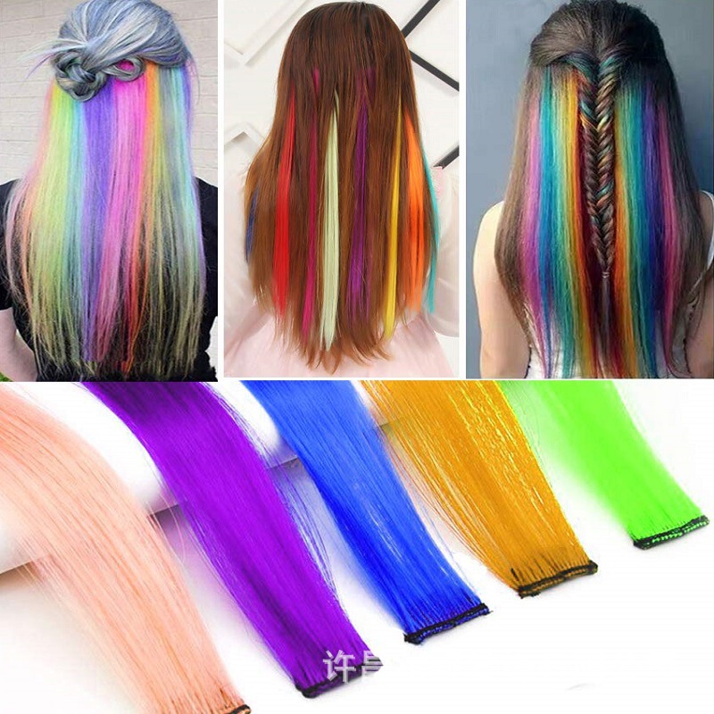 Factory wholesale European and American wig female one card color hair piece hair extension long straight color rainbow one card color highlight hair piece in stock