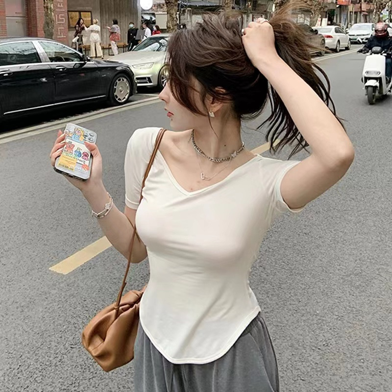 Women's elastic breathable solid color short T-shirt