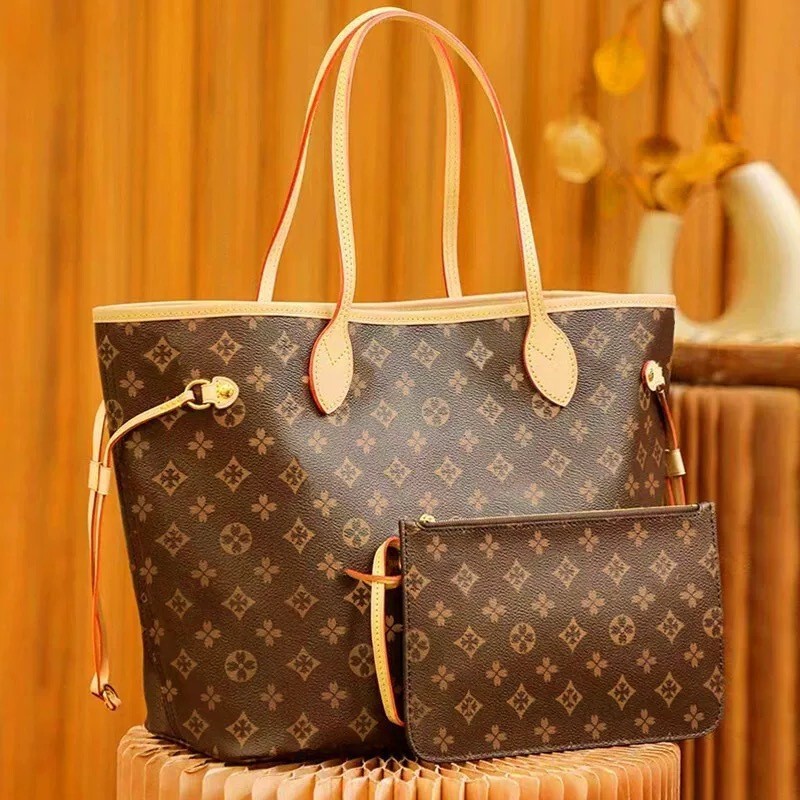 Actual product with label L shopping bag V chip 2025 new model neverfull genuine leather tote shoulder handbag with print Actual product with label L shopping bag V chip 2025 new model neverfull genuine leather tote shoulder handbag with print