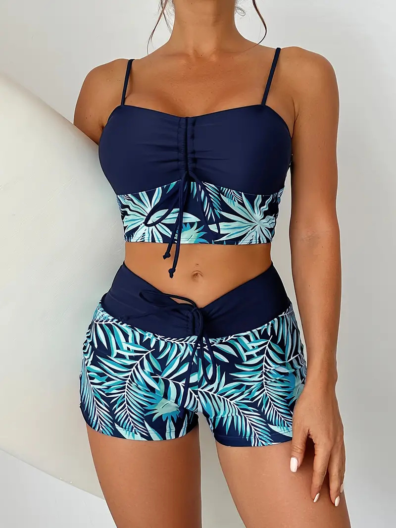 High Waist Lace up Print Swimsuit for Women Split Boxer Style Solid Color Splicing Design European American Foreign Trade 2024 Large Size_ecoleips.com