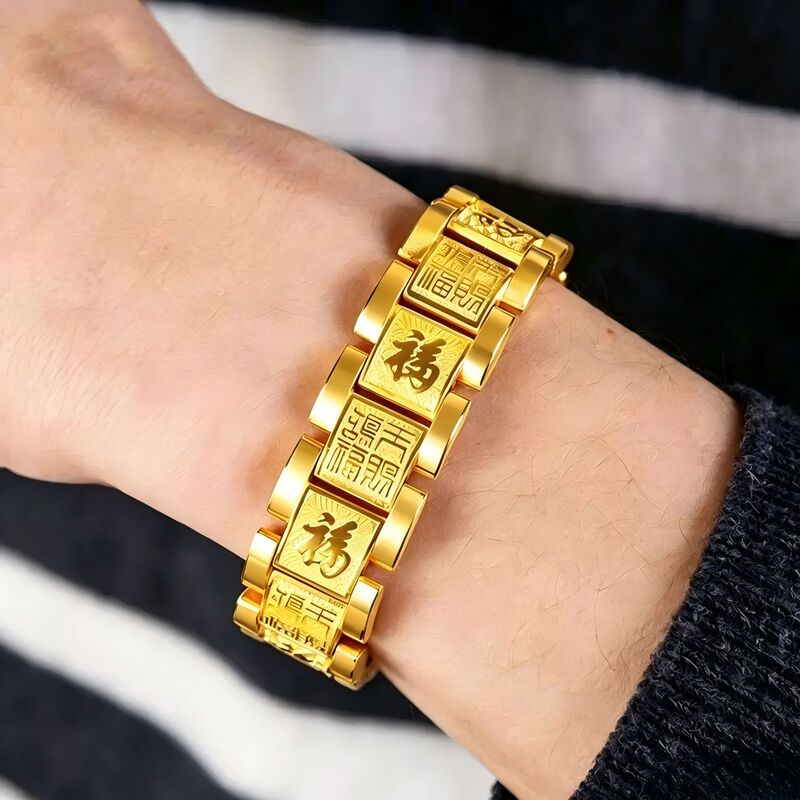 Hot-Selling In-Stock Men's Gold Wide Version Hundred Blessings Bracelet, Divine Blessings, Fashionable and Stylish Hot-Selling In-Stock Men's Gold Wide Version Hundred Blessings Bracelet, Divine Blessings, Fashionable and Stylish