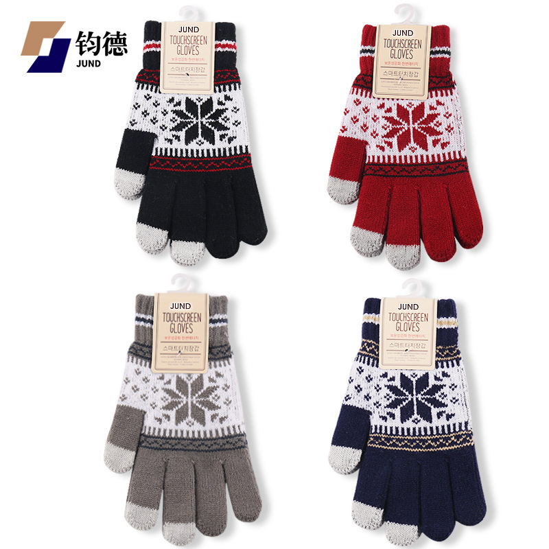 Knitted touch screen gloves wool snowflake men and women autumn and winter fleece-lined thickened warm cycling mobile phone