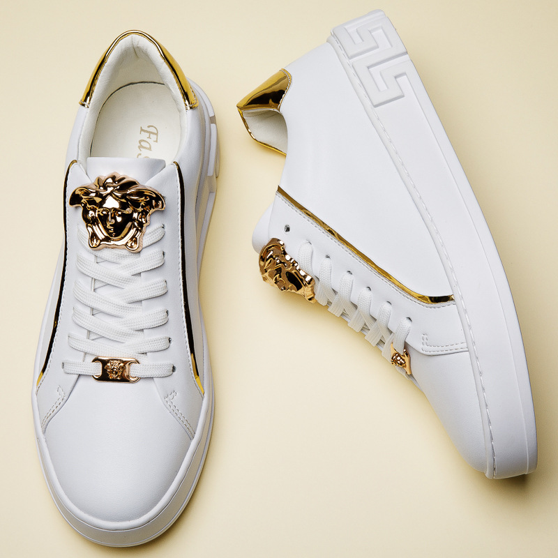 Trendy Brand White Shoes Men's Spring and Autumn Genuine Leather Casual Shoes Men's Medusa Light Luxury Business White Shoes Fashionable Small Leather Shoes