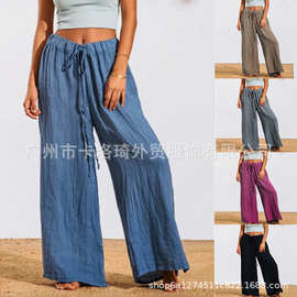 2022亚马逊独立站女装夏季沙滩休闲女裤棉麻宽松抽绳运动瑜伽裤女