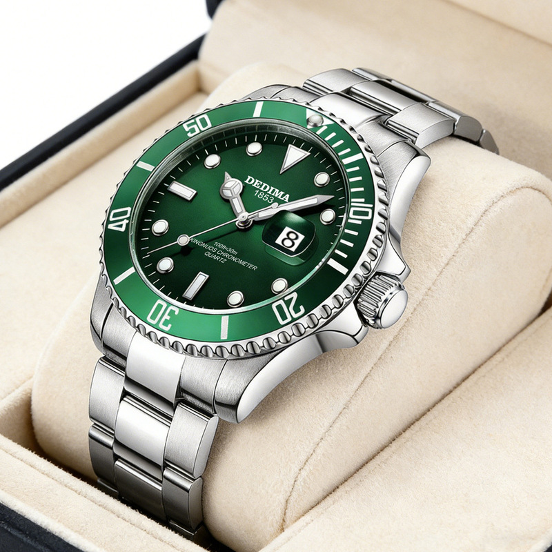 High-end Men's Green Water Ghost Solid Steel Band Butterfly Buckle Watch Calendar Waterproof Super Luminous Watch Live