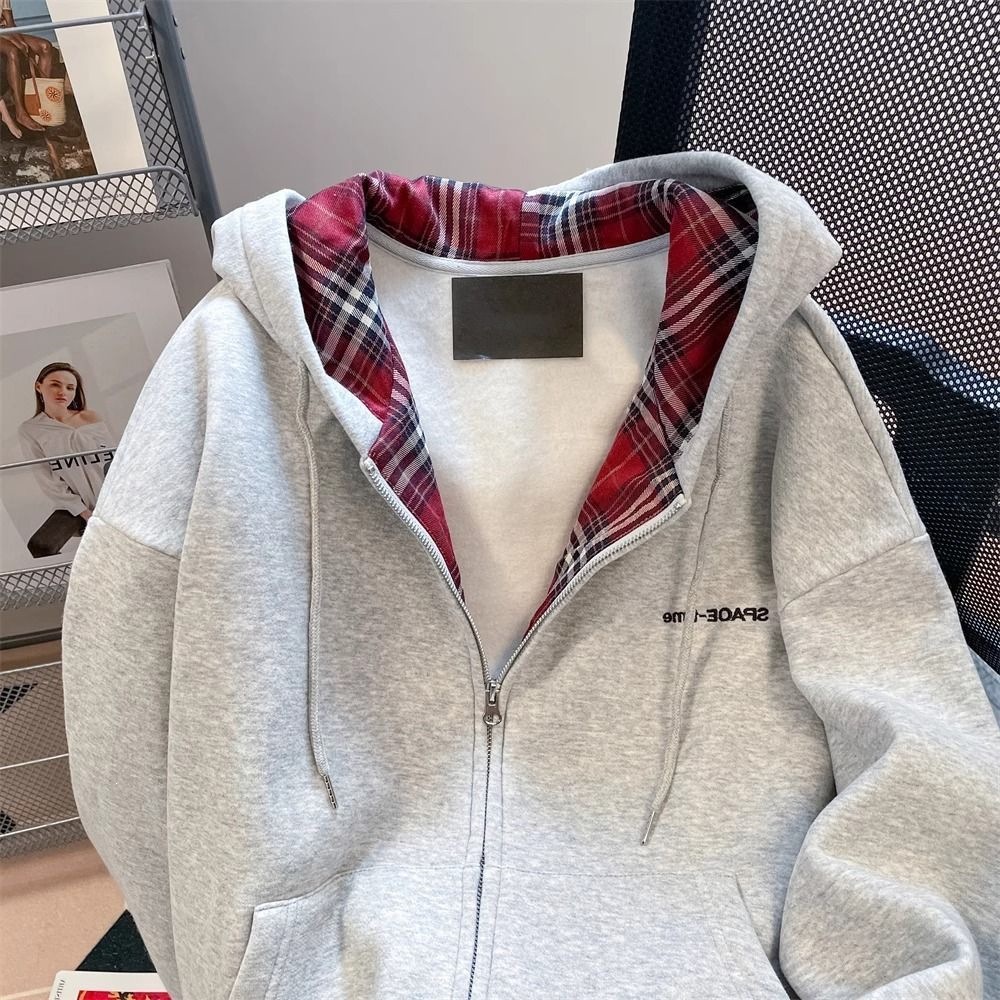 American-style casual retro plaid patchwork hoodie cardigan for men and women, super stylish couple's hooded jacket