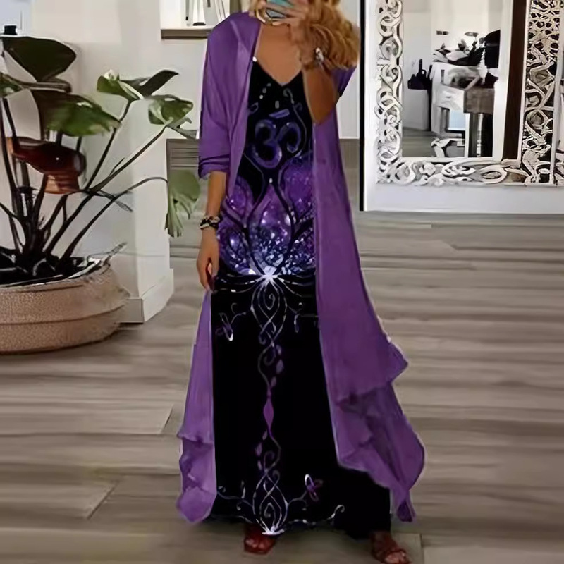 In-Stock Cross-Border 2026 European and American Summer Women's Printed Vacation Strap Dress Indian Style Flared Skirt Two-Piece Set In-Stock Cross-Border 2026 European and American Summer Women's Printed Vacation Strap Dress Indian Style Flared Skirt Two-Piece Set