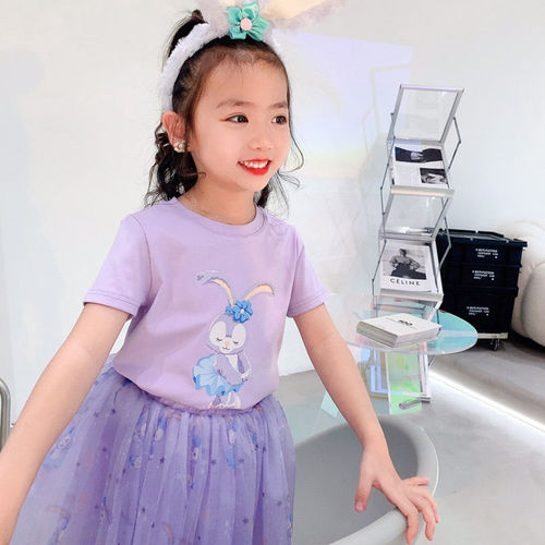 Girls 2024 style suit, stylish starry cartoon summer cotton t-shirt, mesh princess style skirt, two-piece trendy set