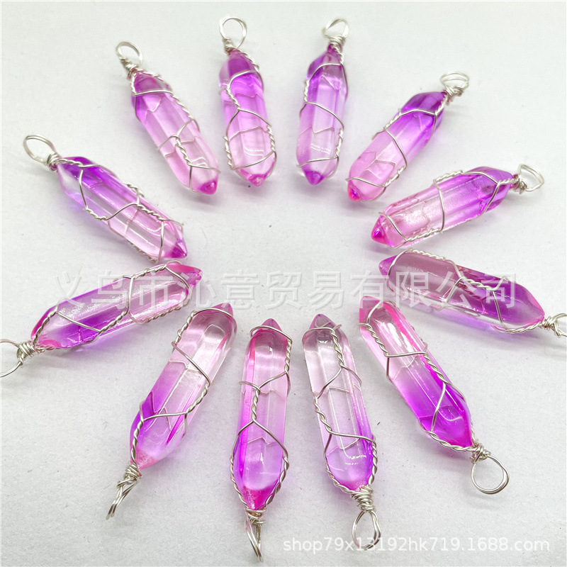 Comercio exterior caliente bobina hexagonal columna colgante collar de cristal natural hecho a mano de plata hilo bala joyería al por mayor