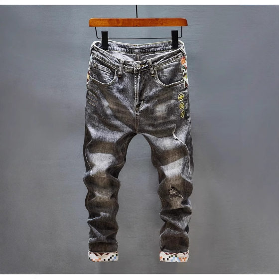 2025 Embroidered Trendy Brand Ins Stitching Cyber Popular White Plump Handsome Trousers Spring New Arrival Jeans Men's Ripped Slim-fit