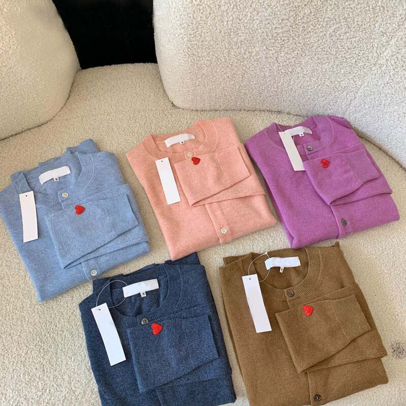 2023 Chuanjiu Red Heart Pure Wool Cardigan with Small Heart Embroidery on the Cuffs, Couple Sweater, Versatile Japanese and Korean Style Fine Wool