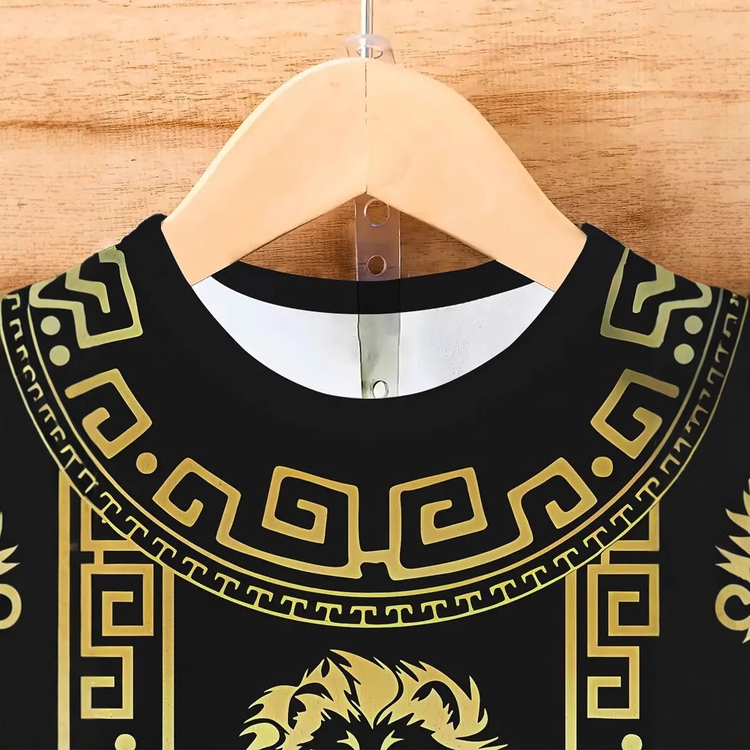 Camiseta de cuello redondo de manga corta transpirable de malla suelta de verano para hombre con estampado digital 3D con patrón de león dorado retro