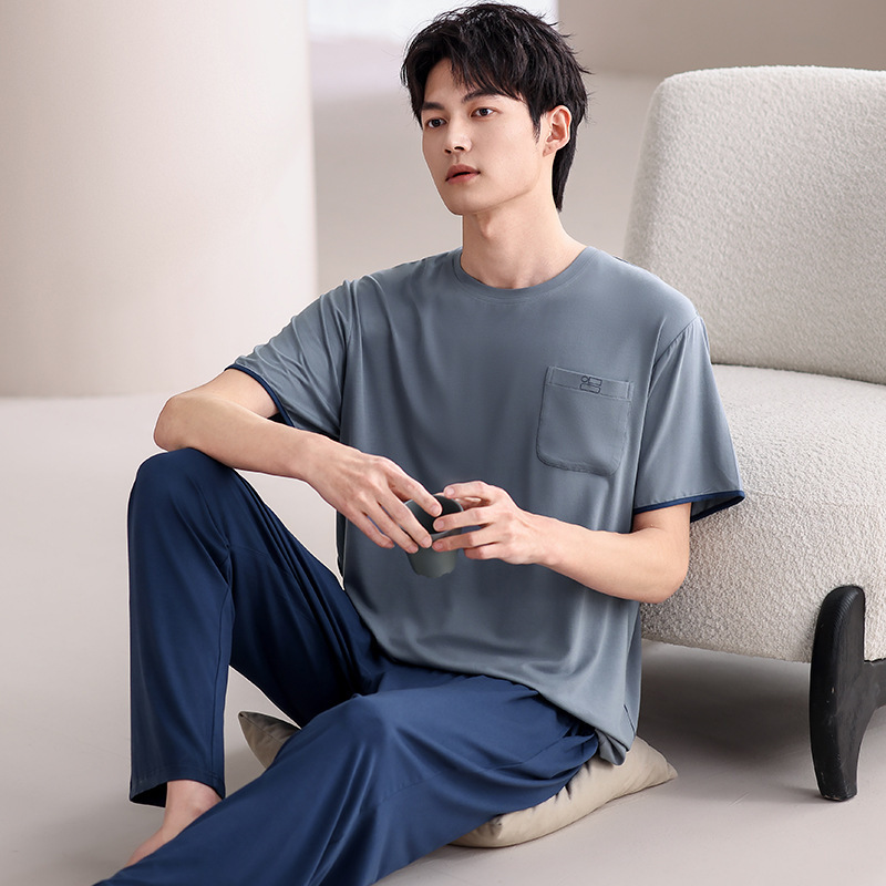 男性用パジャマ夏の新しいモーダル半袖ズボン 2 点セットティーンエイジャー薄型スタイルは家の服の外で着用できます大きいサイズ|undefined