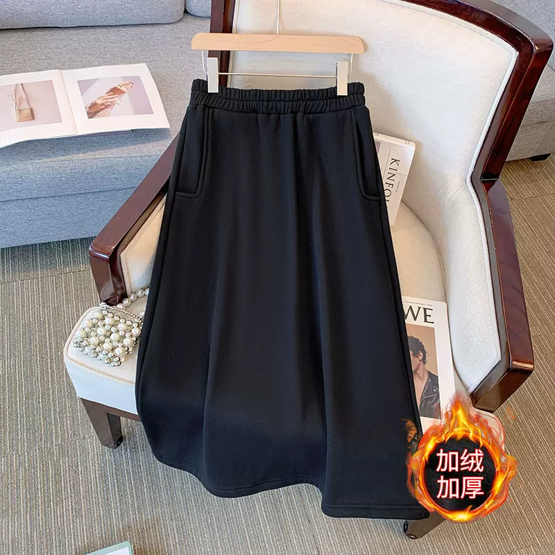变形策 大码半身裙秋冬加绒加厚加肥胖显瘦口袋A字裙中长款女装