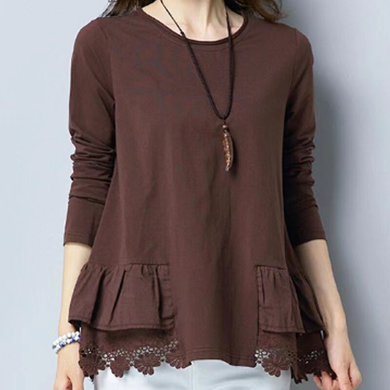 2026 Spring and Autumn Women's New Style Patchwork Lace Cotton T-Shirt, Plus Size Versatile Slimming Loose Base Shirt