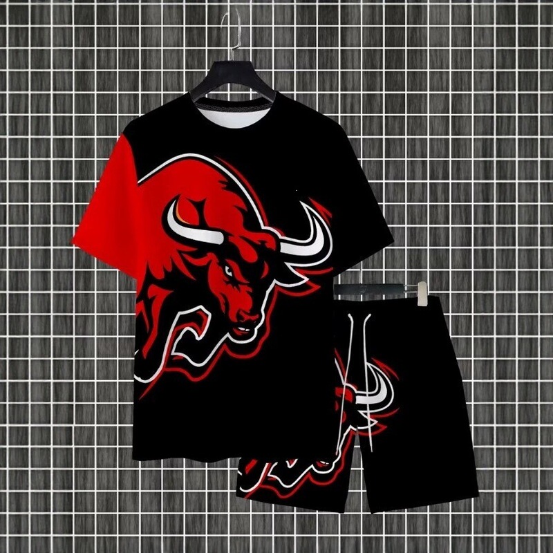 2026 New Men's Bull 3D Printed Color-Blocking Short-Sleeve Shorts Set Summer Street Casual Sports Two-Piece Set 2026 New Men's Bull 3D Printed Color-Blocking Short-Sleeve Shorts Set Summer Street Casual Sports Two-Piece Set