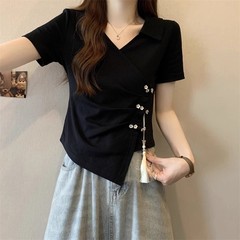 大きいサイズの不規則なvネックの肩の半袖のtシャツの女性の夏の太っているmmはやせている新中国風の盤は短い上着を掛けます。