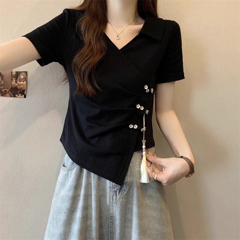 plus size Irregular V-neck Shoulder Short-sleeved T-shirt Women's Summer chubby girl Slimming New Chinese Style National Style Buckle Short Top