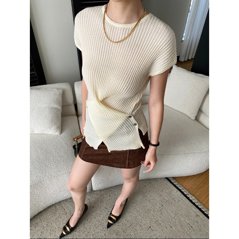 Sinan Early Spring New Style Buttoned Cross-Over Irregular Waist-Slimming Slim-Fit Cap Sleeve Knit Sweater Sn8595