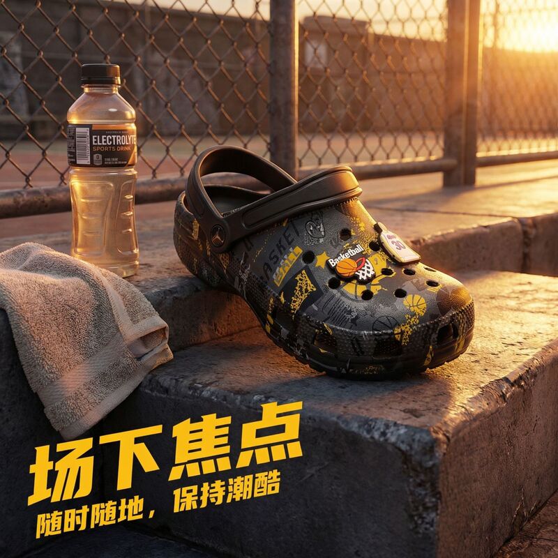 Cross-Border Basketball Perforated Shoes 2026 New Model Closed-Toe Sandals Men's Beach Shoes Casual Basketball Shoes Printed Slippers