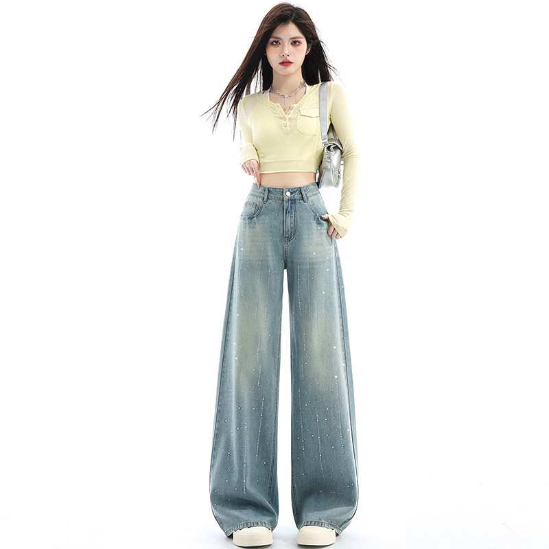 Personalized Rhinestone Design Spring American Retro Straight Wide-Leg Jeans for Women, Loose High-Waisted Slimming Style, Wholesale Available