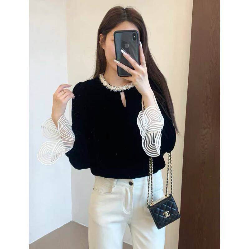 French CHIC Vengke Velvet Soft Waxy Fine Bead Organza Lace Velvet Shirt L0211H