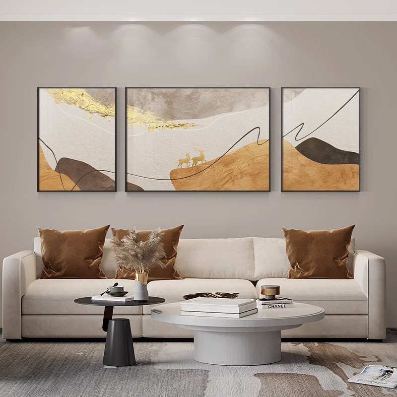 Modern minimalist decorative painting living room abstract sofa background wall triple hanging painting with deer fortune bedside atmospheric mural