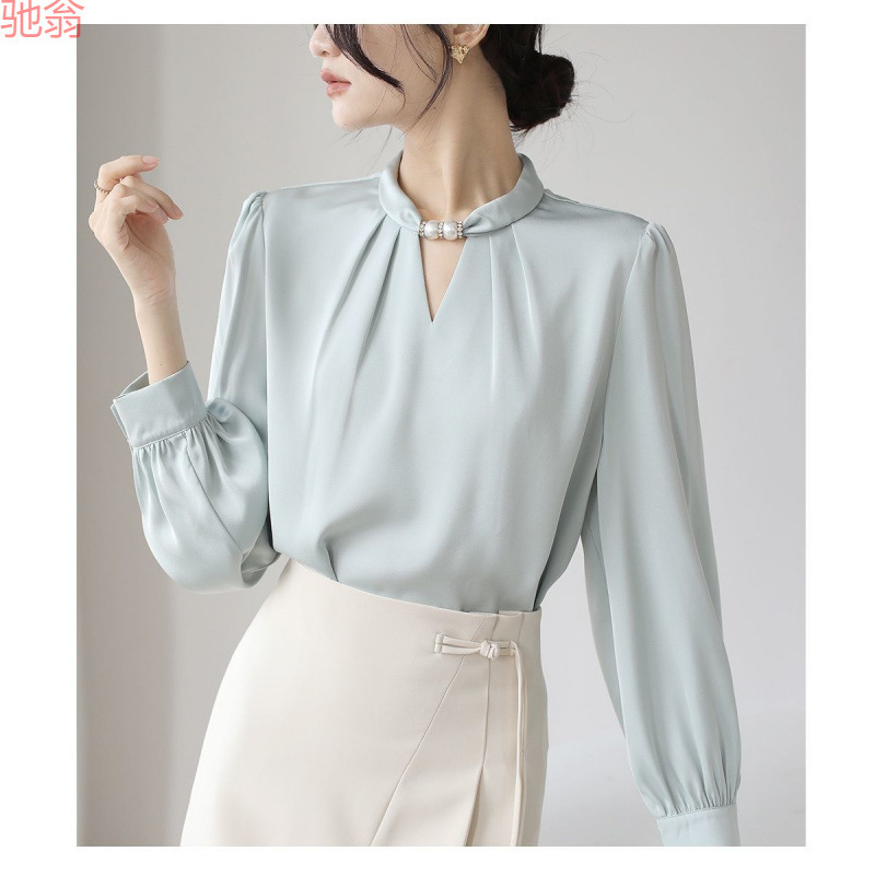 Y9Z Silk Shirt Women's French Niche Neck Collar Beaded Pullover Satin Mulberry Silk Elegant Commuting