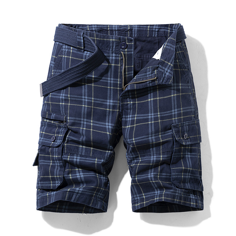 New pure cotton summer men's shorts casual sports tooling fifth pants simple Plaid slim fit Middle pants multi-pocket pants