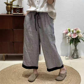 2025夏韩版宽松复古色织亚麻松紧腰小格子直筒裤百搭休闲裤女5827