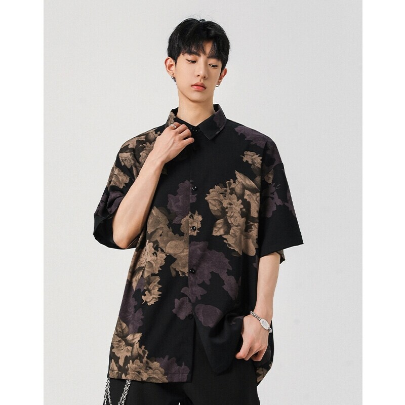 2025 New Summer Style Ice Silk Ice Top High-End Draped Printed Loose High Street Short-Sleeved Large Size Shirt for Men
